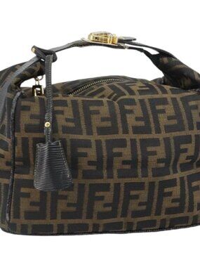 FENDI Zucca Canvas Vanity Bag Black Brown Auth 158112